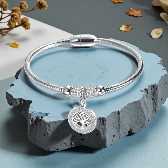 ๐๏ธ18K Gold Plated Stainless Steel Bangle with Tree of Life Charm FREE Earrings - Picture 4 of 14